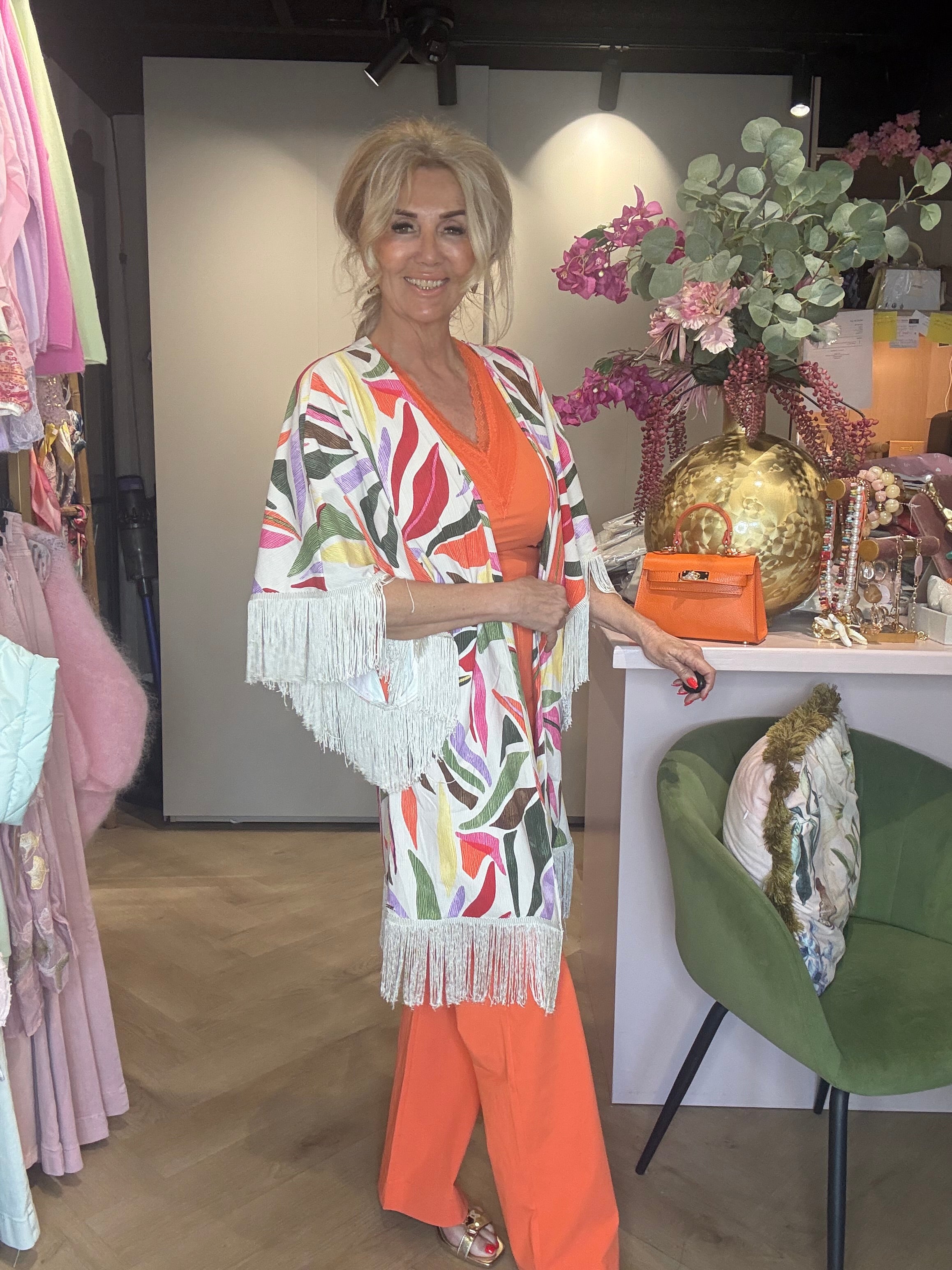 Mi Piace Fringe Kimono Sommerblad Dance Print Off White MP202809SDPT